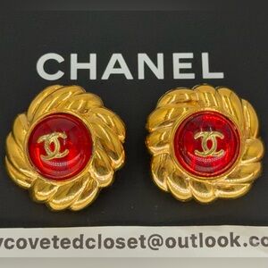 CHANEL Vintage Gold and Red Gripoix CC Mark Clip-On Earrings w/COA! 💛❤️